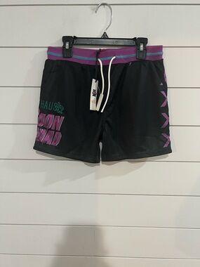 Youth Black Athletic Shorts with Purple Waistband and Pink Accent